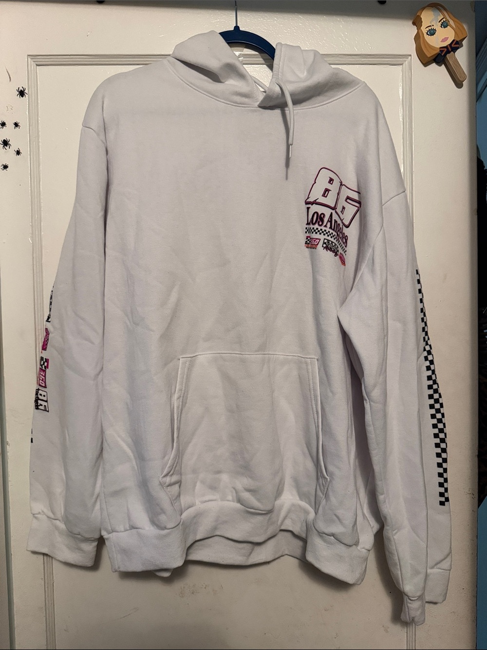 White Graphic Pullover Hoodie with Checker Sleeve